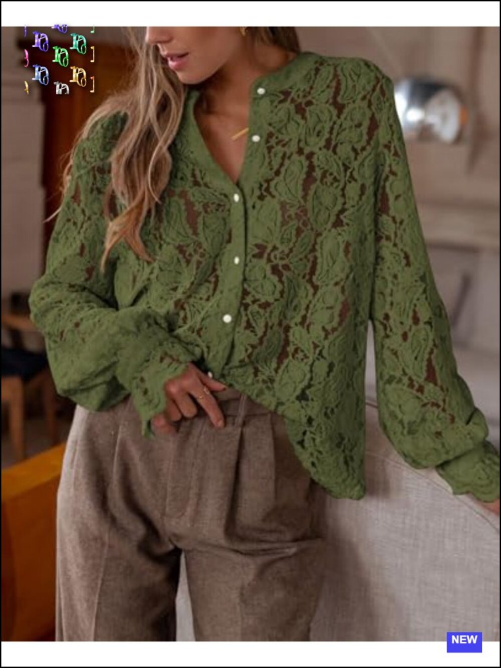 Women's Long Sleeve Lace Button Up Blouse - Picture 2 of 6